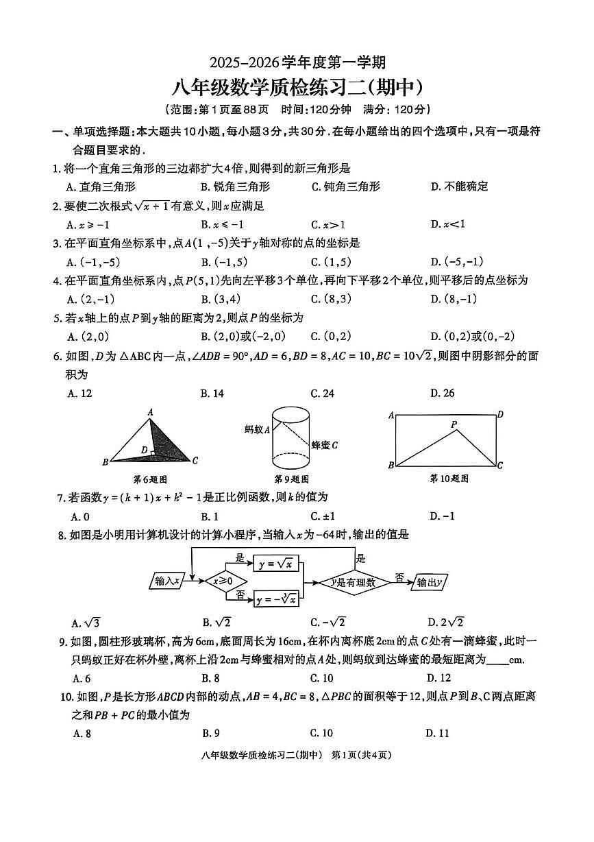 广东省河源市江东新区2025-2026学年八年级上学期11月期中数学试题第1页
