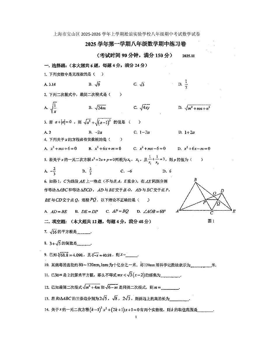 上海市宝山区淞谊实验学校2025-2026学年上学期八年级期中数学试卷第1页