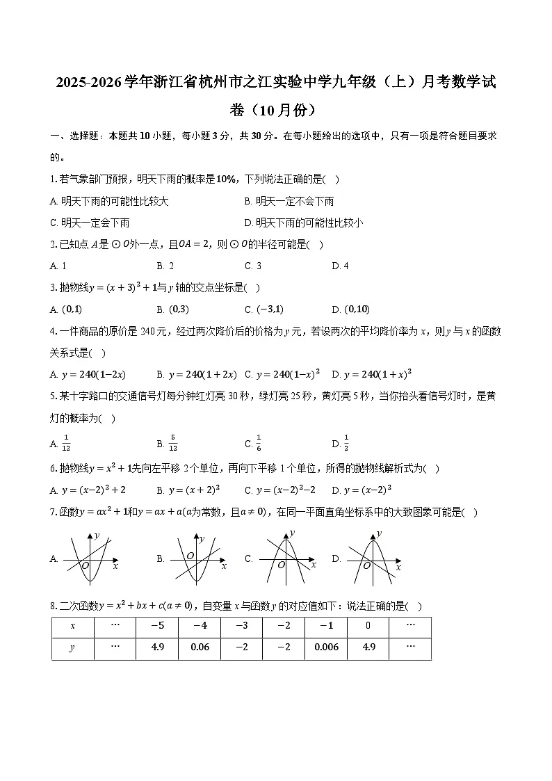 2025-2026学年浙江省杭州市之江实验中学九年级（上）月考数学试卷（10月份）（有答案和解析）第1页