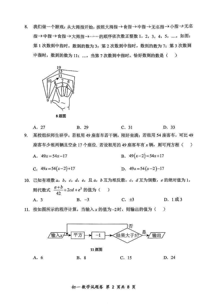 重庆市鲁能巴蜀中学校2025-2026学年七年级上学期数学期中试卷第2页