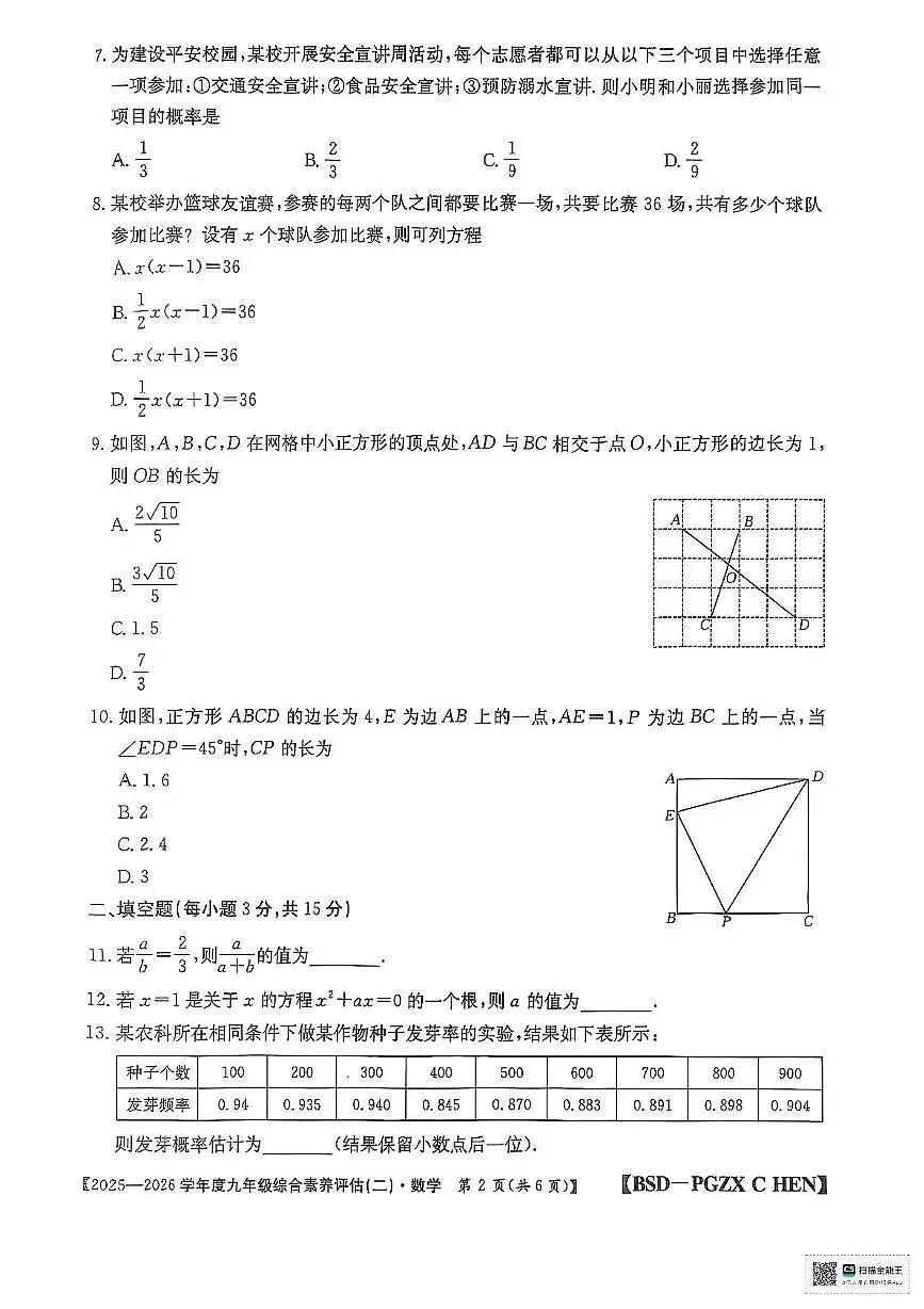 河南省周口市项城市2025-2026学年九年级上学期11月综合评估二数学试卷（月考）第2页