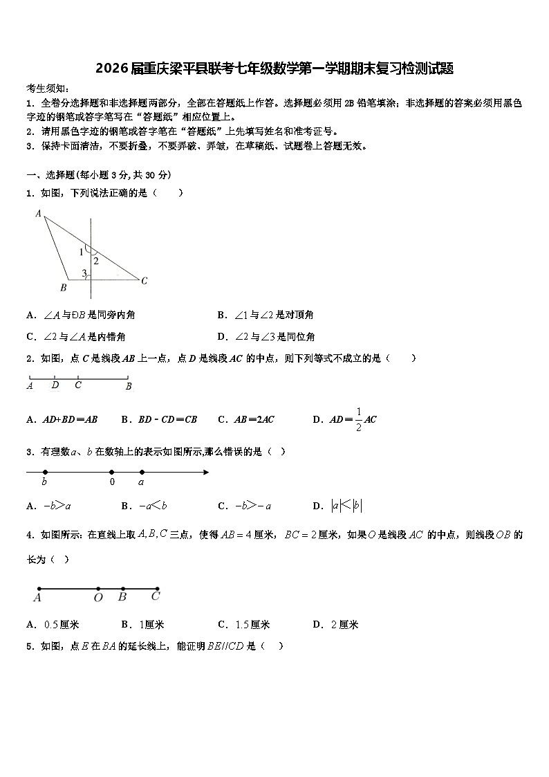 2026届重庆梁平县联考七年级数学第一学期期末复习检测试题含解析第1页