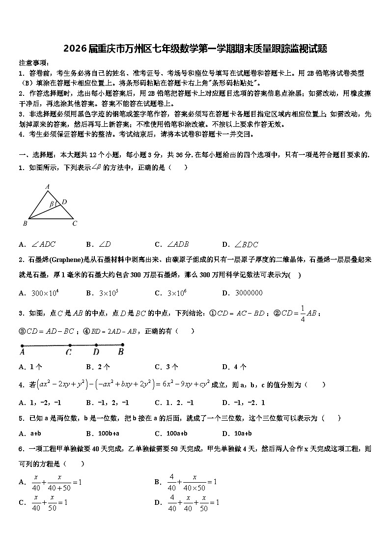2026届重庆市万州区七年级数学第一学期期末质量跟踪监视试题含解析第1页