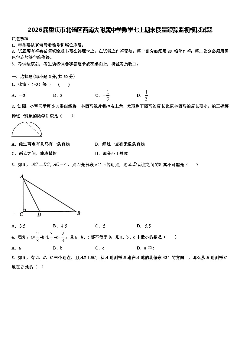 2026届重庆市北碚区西南大附属中学数学七上期末质量跟踪监视模拟试题含解析第1页