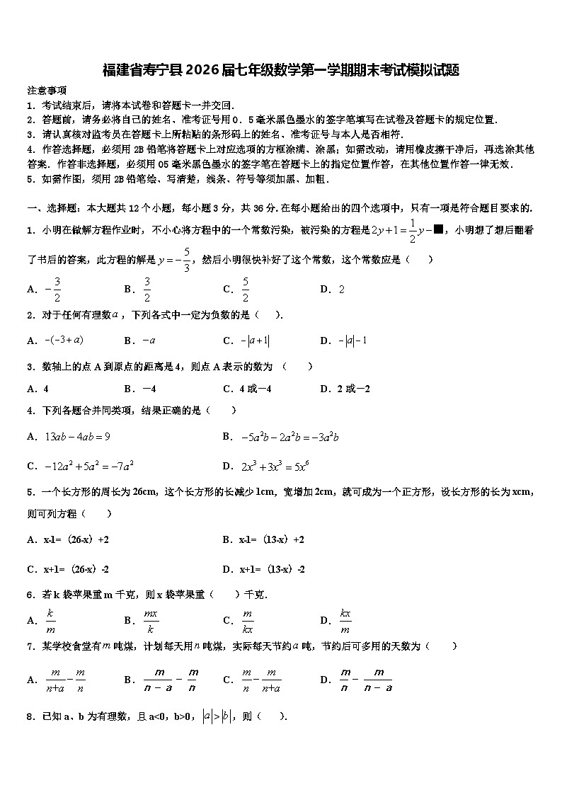 福建省寿宁县2026届七年级数学第一学期期末考试模拟试题含解析第1页