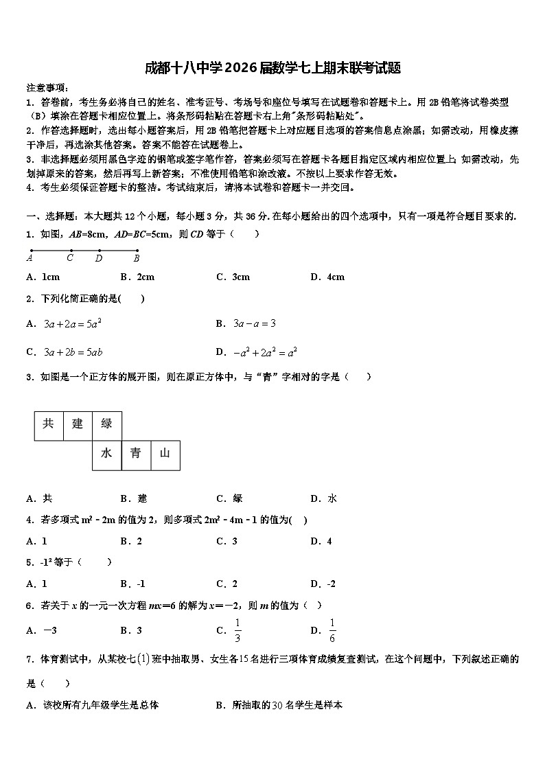 成都十八中学2026届数学七上期末联考试题含解析第1页