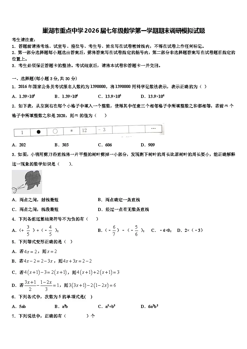 巢湖市重点中学2026届七年级数学第一学期期末调研模拟试题含解析第1页