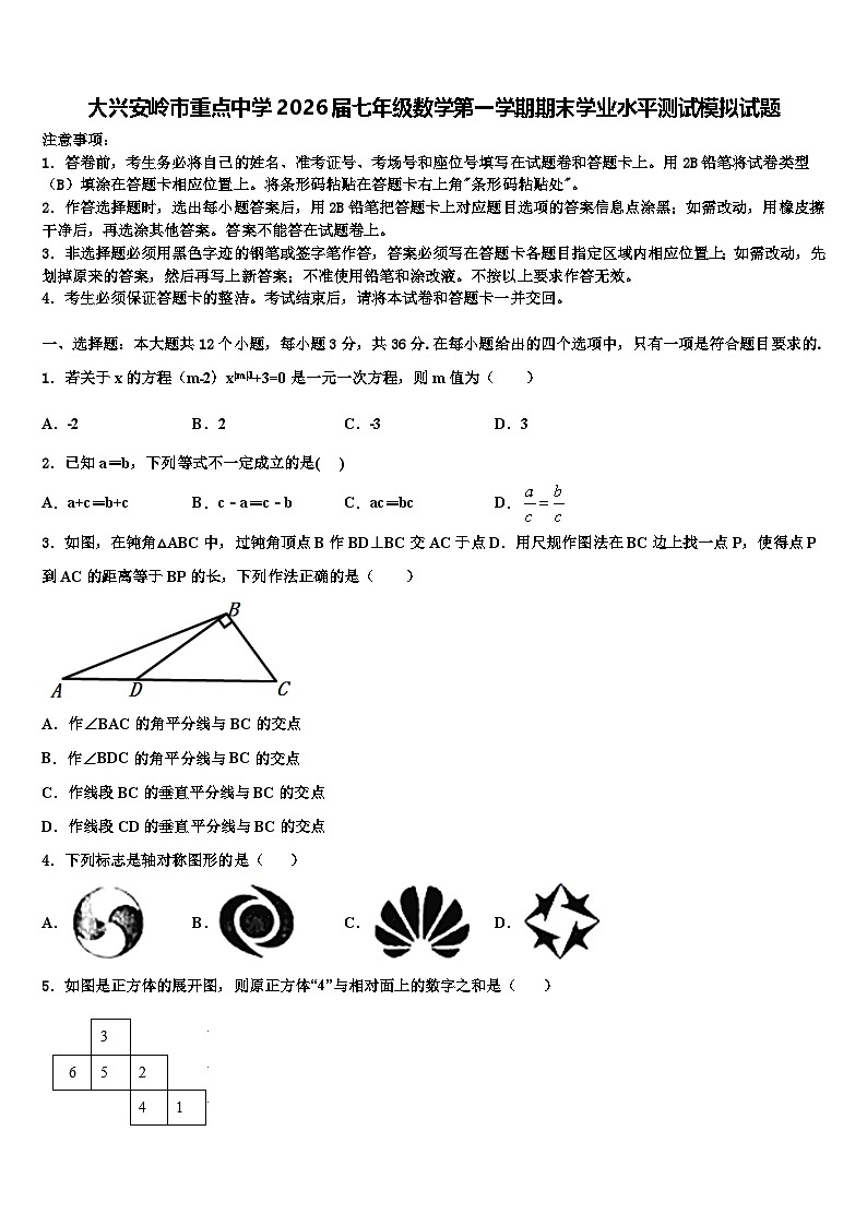 大兴安岭市重点中学2026届七年级数学第一学期期末学业水平测试模拟试题含解析第1页