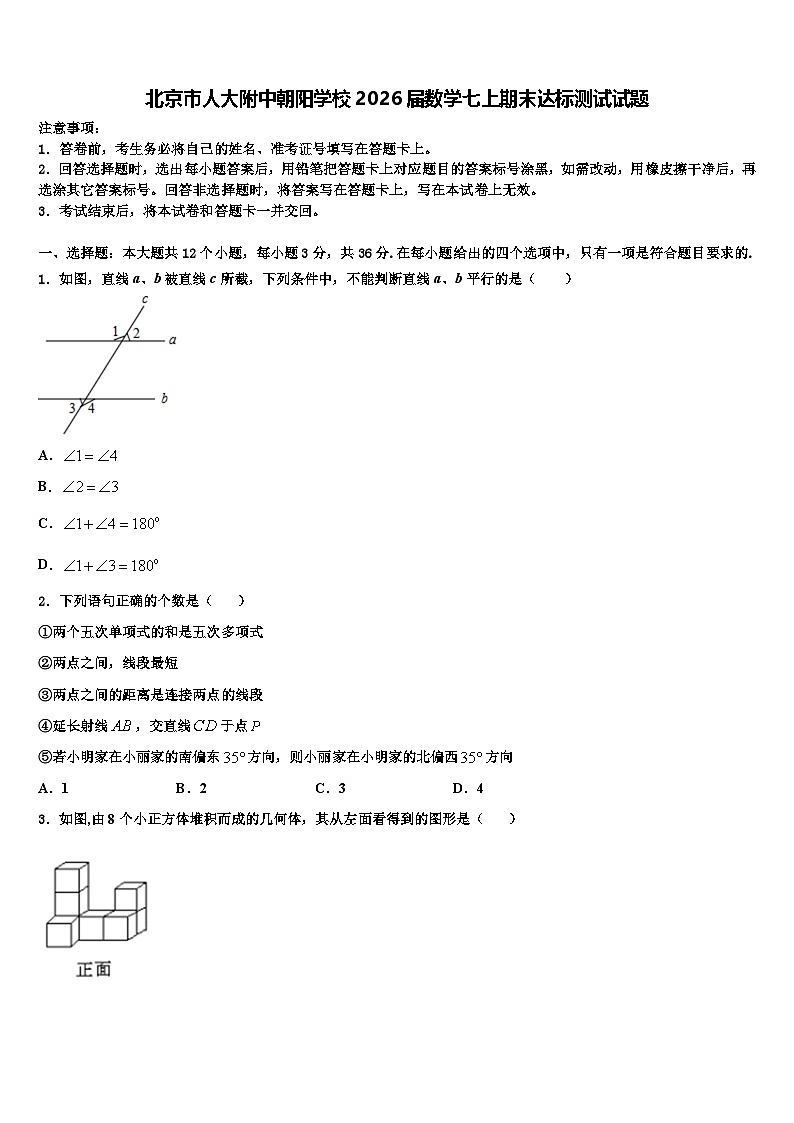 北京市人大附中朝阳学校2026届数学七上期末达标测试试题含解析第1页