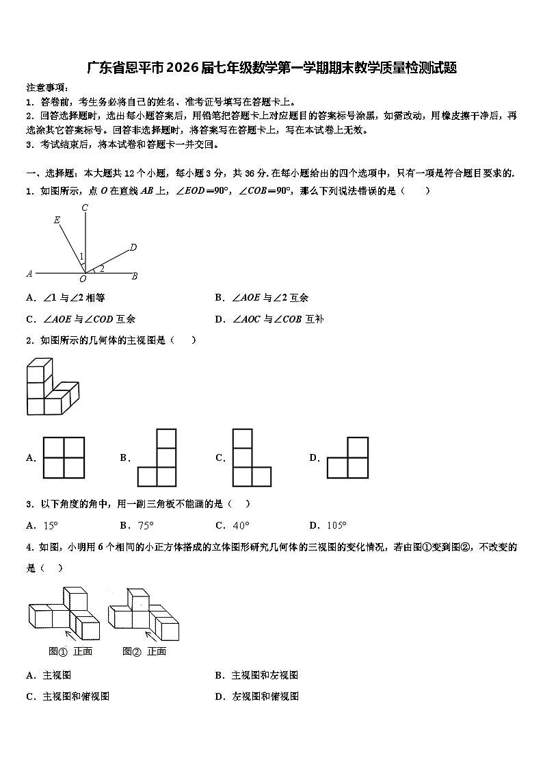 广东省恩平市2026届七年级数学第一学期期末教学质量检测试题含解析第1页