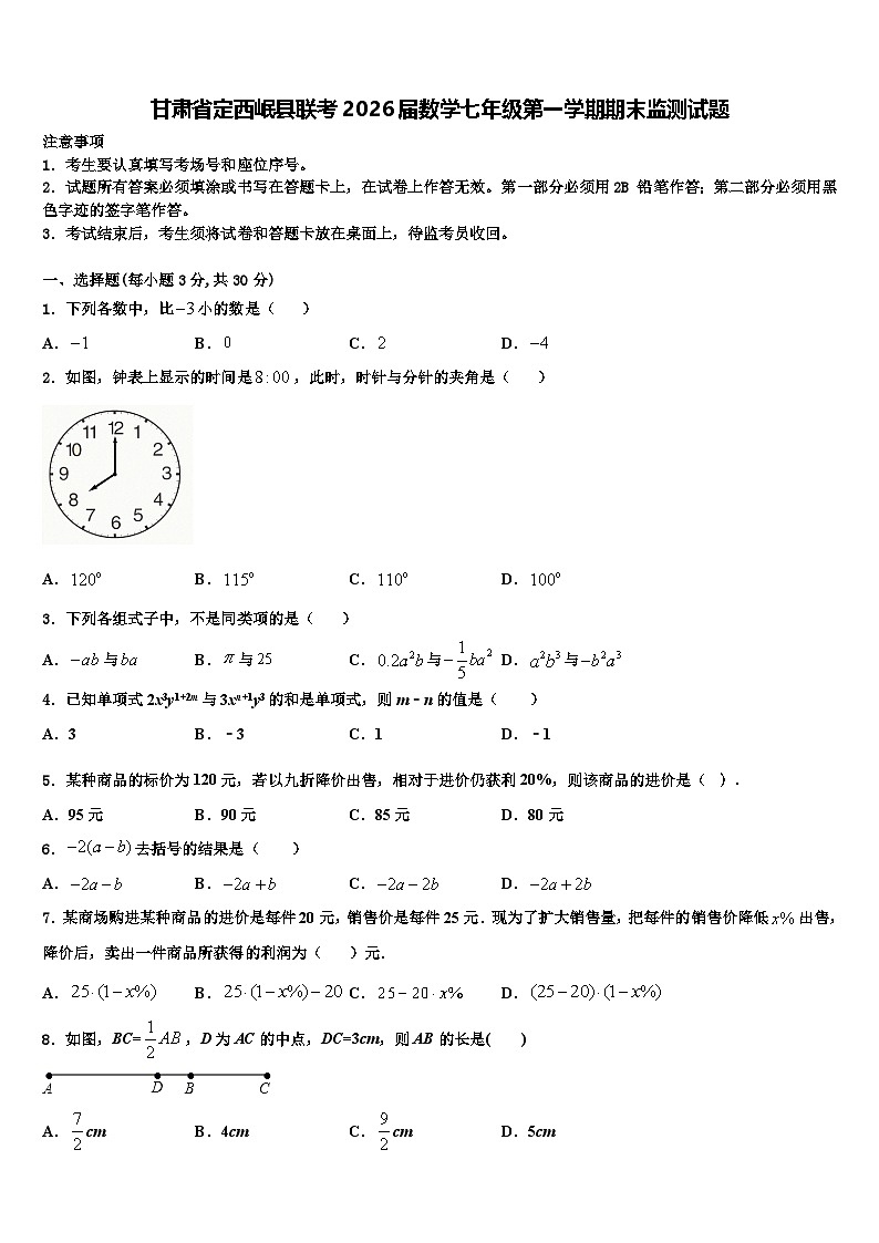 甘肃省定西岷县联考2026届数学七年级第一学期期末监测试题含解析第1页