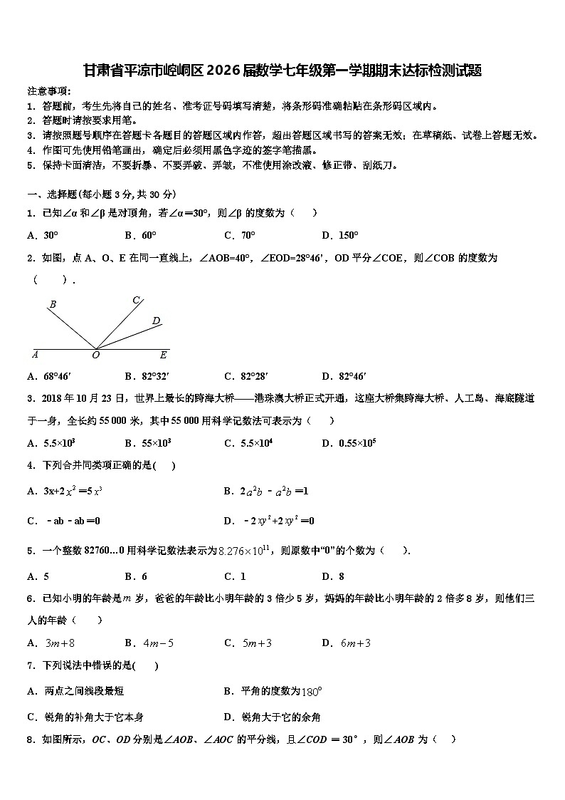 甘肃省平凉市崆峒区2026届数学七年级第一学期期末达标检测试题含解析第1页