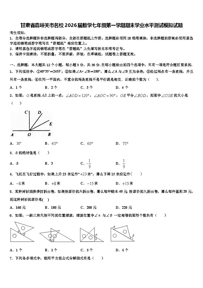 甘肃省嘉峪关市名校2026届数学七年级第一学期期末学业水平测试模拟试题含解析第1页