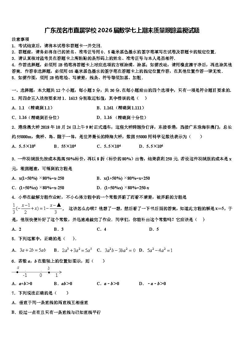 广东茂名市直属学校2026届数学七上期末质量跟踪监视试题含解析第1页