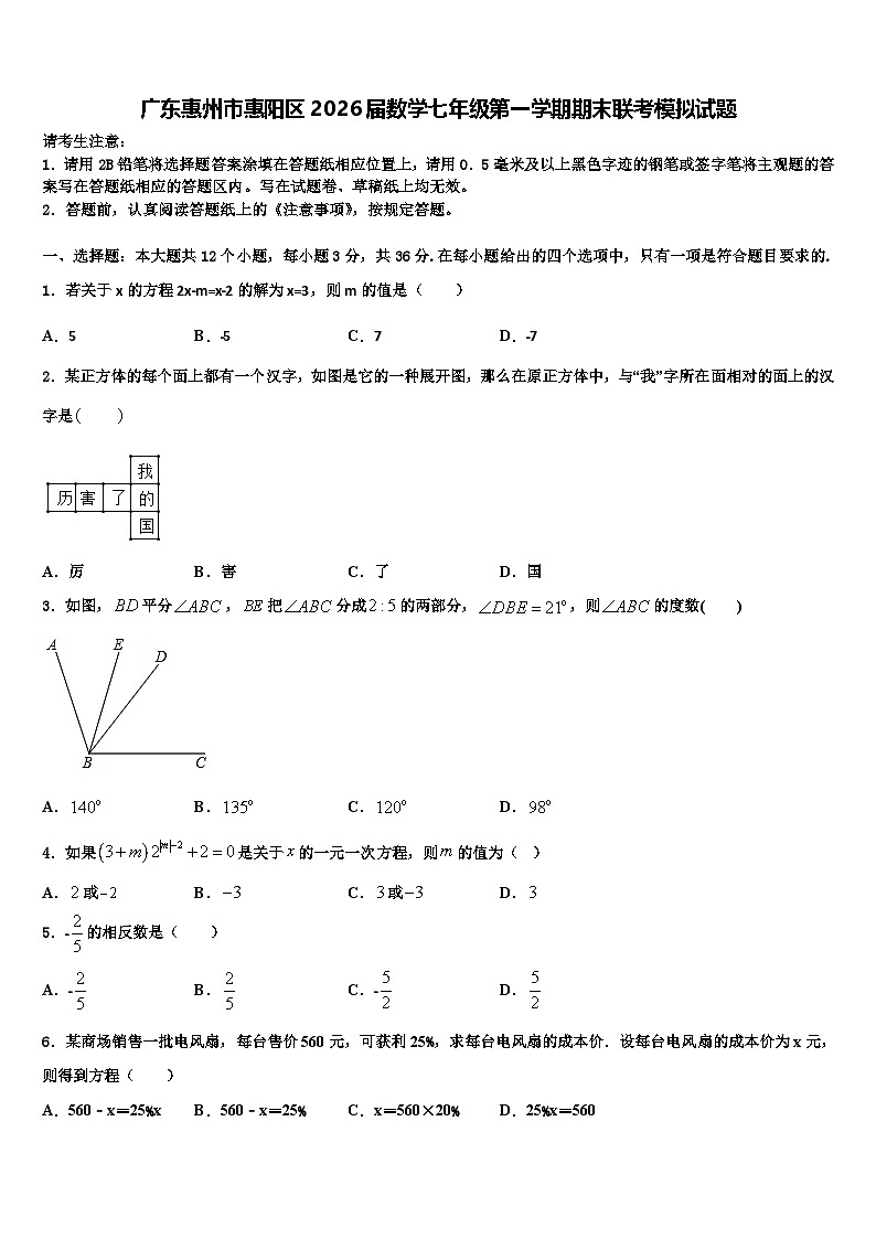 广东惠州市惠阳区2026届数学七年级第一学期期末联考模拟试题含解析第1页