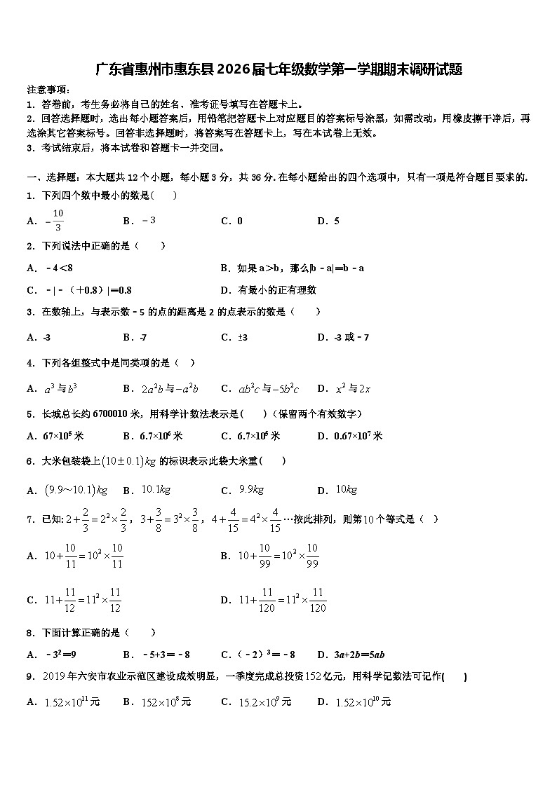 广东省惠州市惠东县2026届七年级数学第一学期期末调研试题含解析第1页