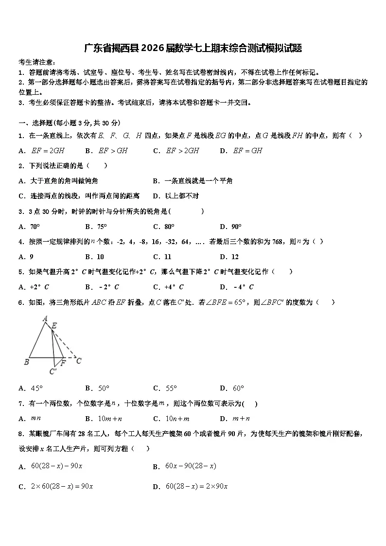 广东省揭西县2026届数学七上期末综合测试模拟试题含解析第1页