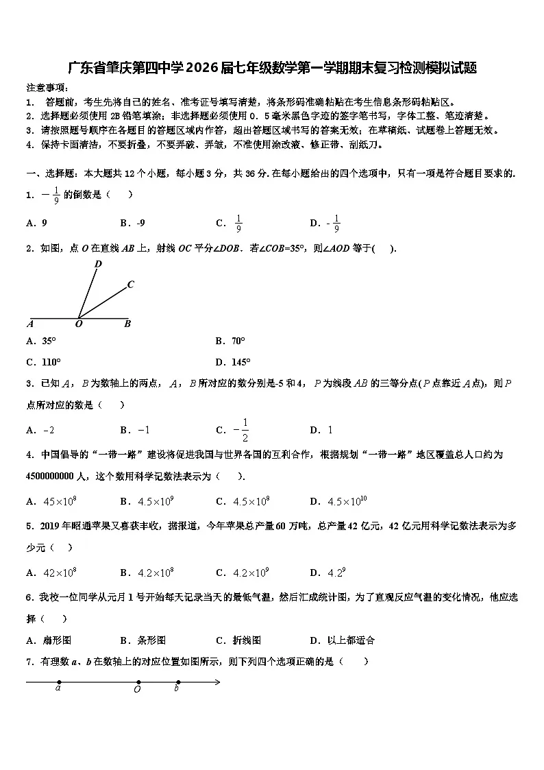 广东省肇庆第四中学2026届七年级数学第一学期期末复习检测模拟试题含解析第1页