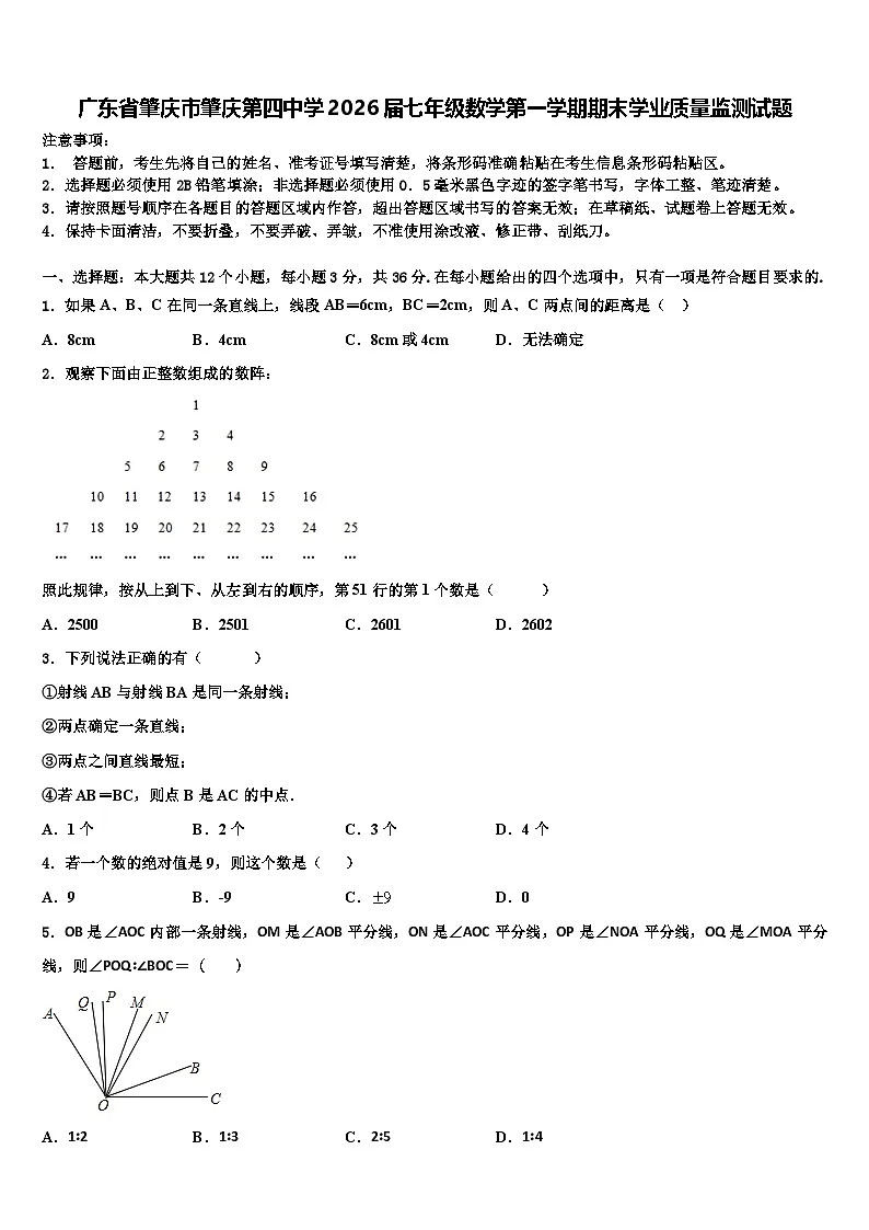 广东省肇庆市肇庆第四中学2026届七年级数学第一学期期末学业质量监测试题含解析第1页
