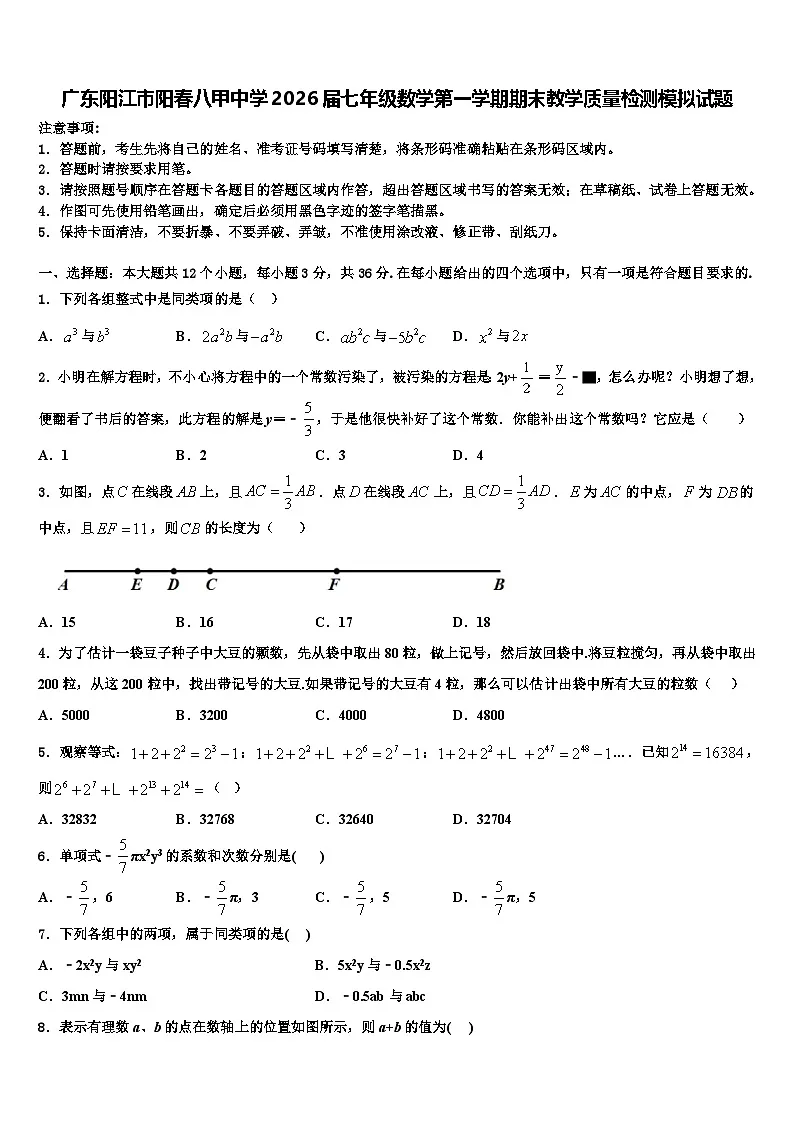 广东阳江市阳春八甲中学2026届七年级数学第一学期期末教学质量检测模拟试题含解析第1页