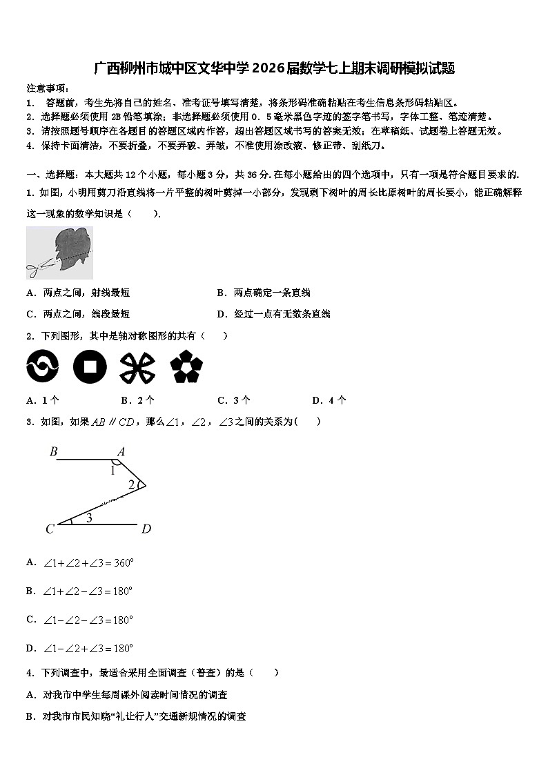 广西柳州市城中区文华中学2026届数学七上期末调研模拟试题含解析第1页