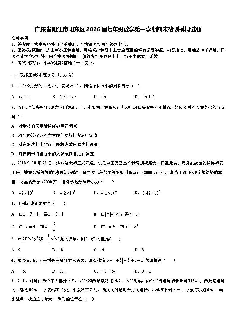 广东省阳江市阳东区2026届七年级数学第一学期期末检测模拟试题含解析第1页