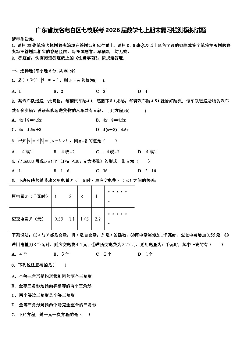 广东省茂名电白区七校联考2026届数学七上期末复习检测模拟试题含解析第1页