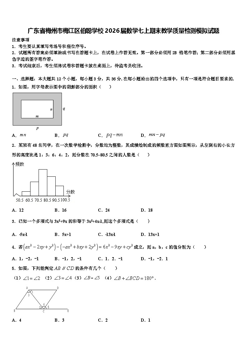 广东省梅州市梅江区伯聪学校2026届数学七上期末教学质量检测模拟试题含解析第1页