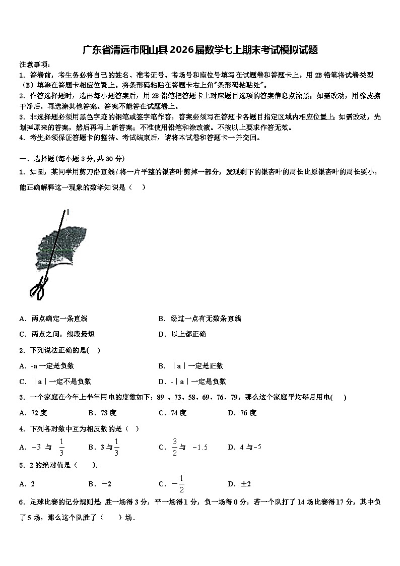 广东省清远市阳山县2026届数学七上期末考试模拟试题含解析第1页