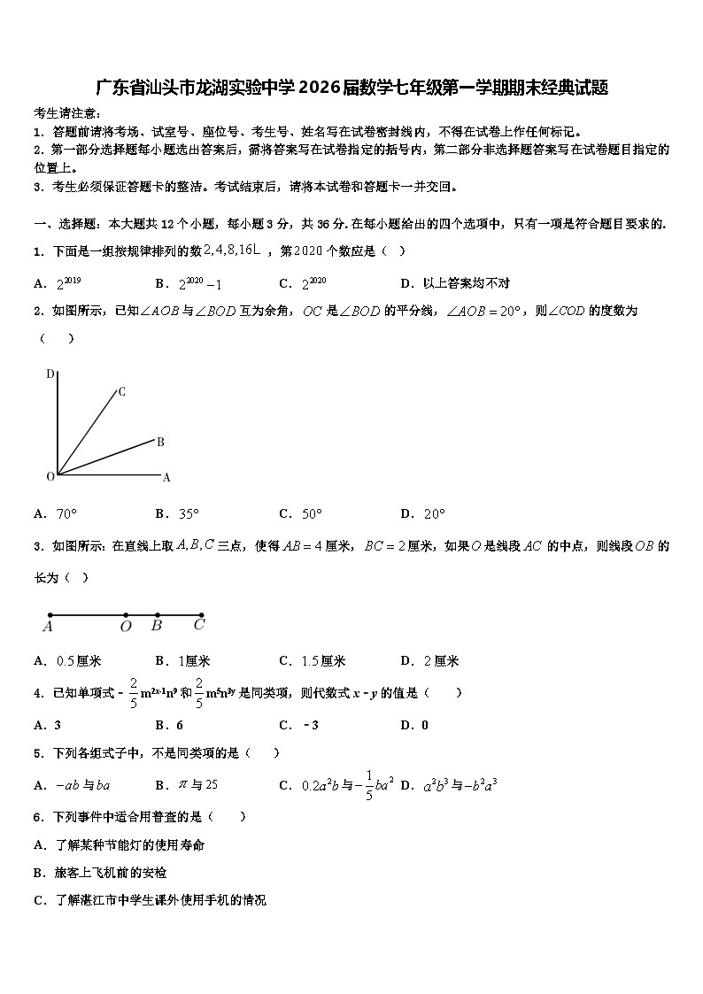 广东省汕头市龙湖实验中学2026届数学七年级第一学期期末经典试题含解析第1页