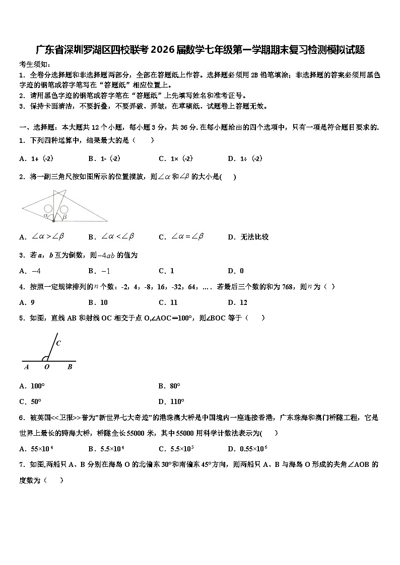 广东省深圳罗湖区四校联考2026届数学七年级第一学期期末复习检测模拟试题含解析第1页