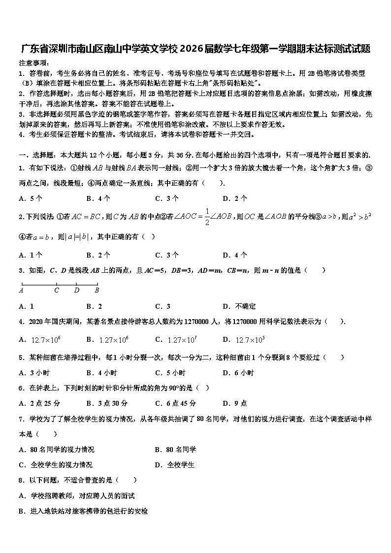 广东省深圳市南山区南山中学英文学校2026届数学七年级第一学期期末达标测试试题含解析第1页