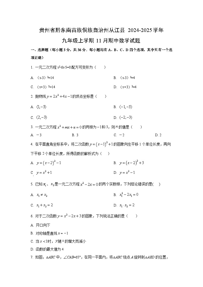 贵州省黔东南苗族侗族自治州从江县2024-2025学年九年级上学期11月期中数学试题（学生版）第1页
