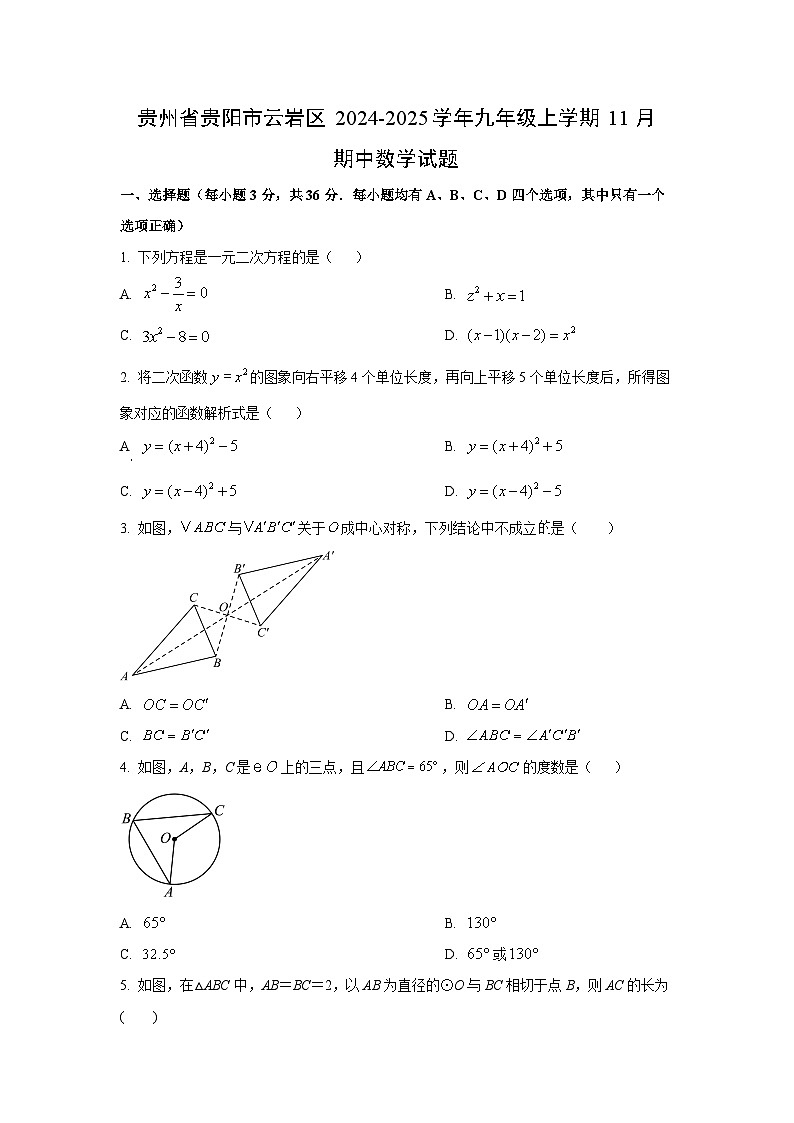 贵州省贵阳市云岩区2024-2025学年九年级上学期11月期中数学试题（学生版）第1页