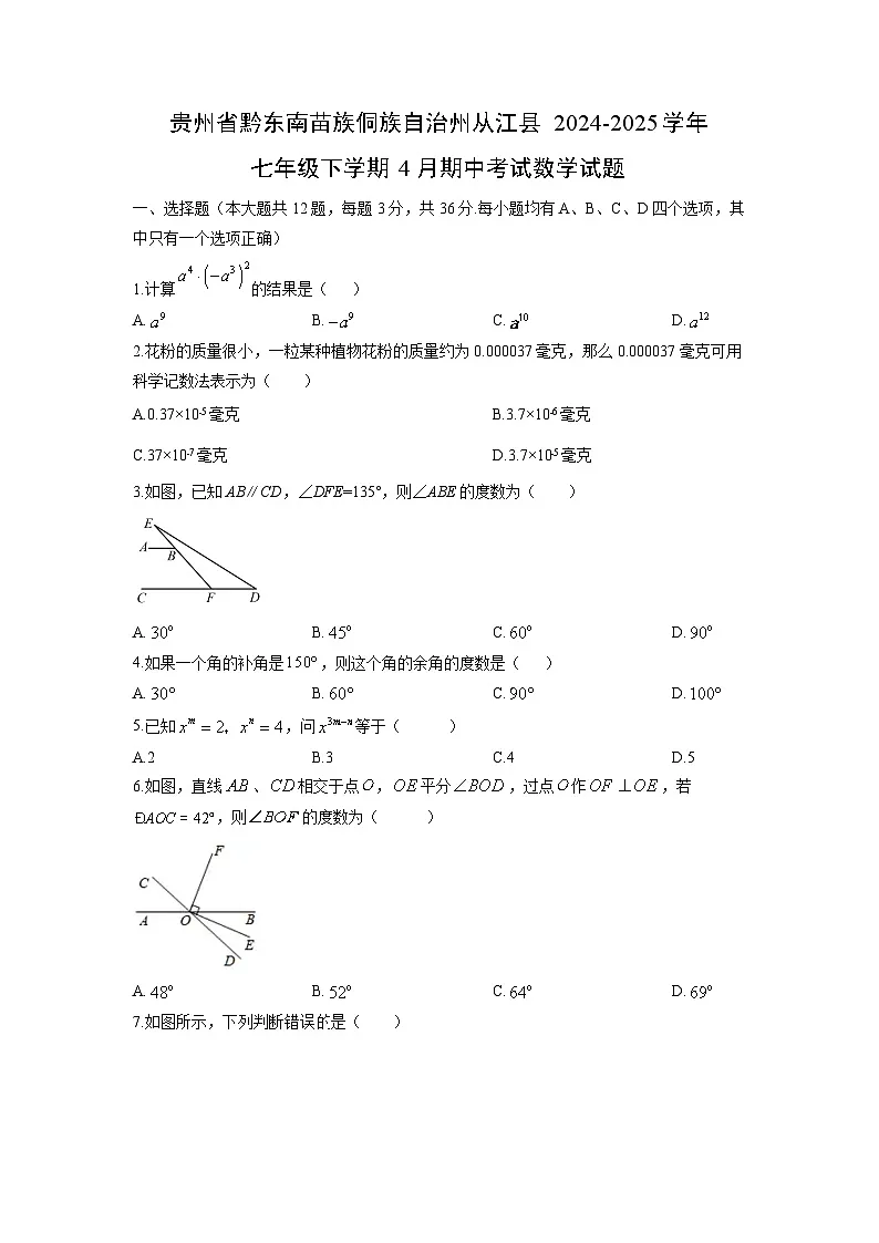 贵州省黔东南苗族侗族自治州从江县2024-2025学年七年级下学期4月期中考试数学试题（学生版）第1页