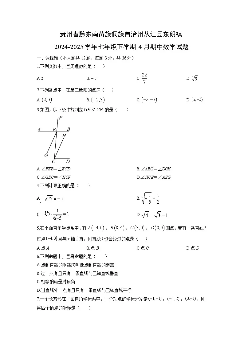 贵州省黔东南苗族侗族自治州从江县东朗镇2024-2025学年七年级下学期4月期中数学试题（学生版）第1页