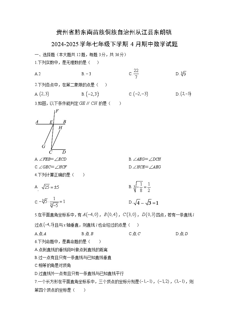 贵州省黔东南苗族侗族自治州从江县东朗镇2024-2025学年七年级下学期4月期中数学试题（学生版）第1页