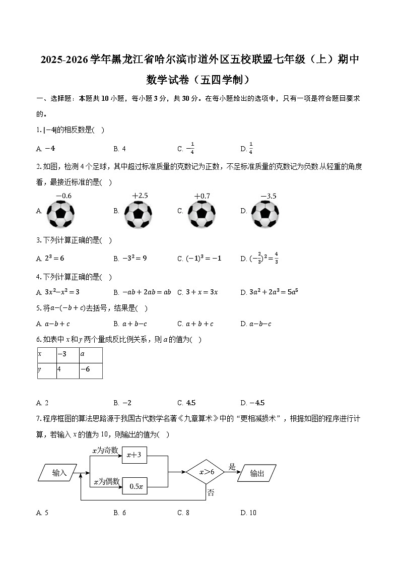 2025-2026学年黑龙江省哈尔滨市道外区五校联盟七年级（上）期中数学试卷（五四学制）第1页