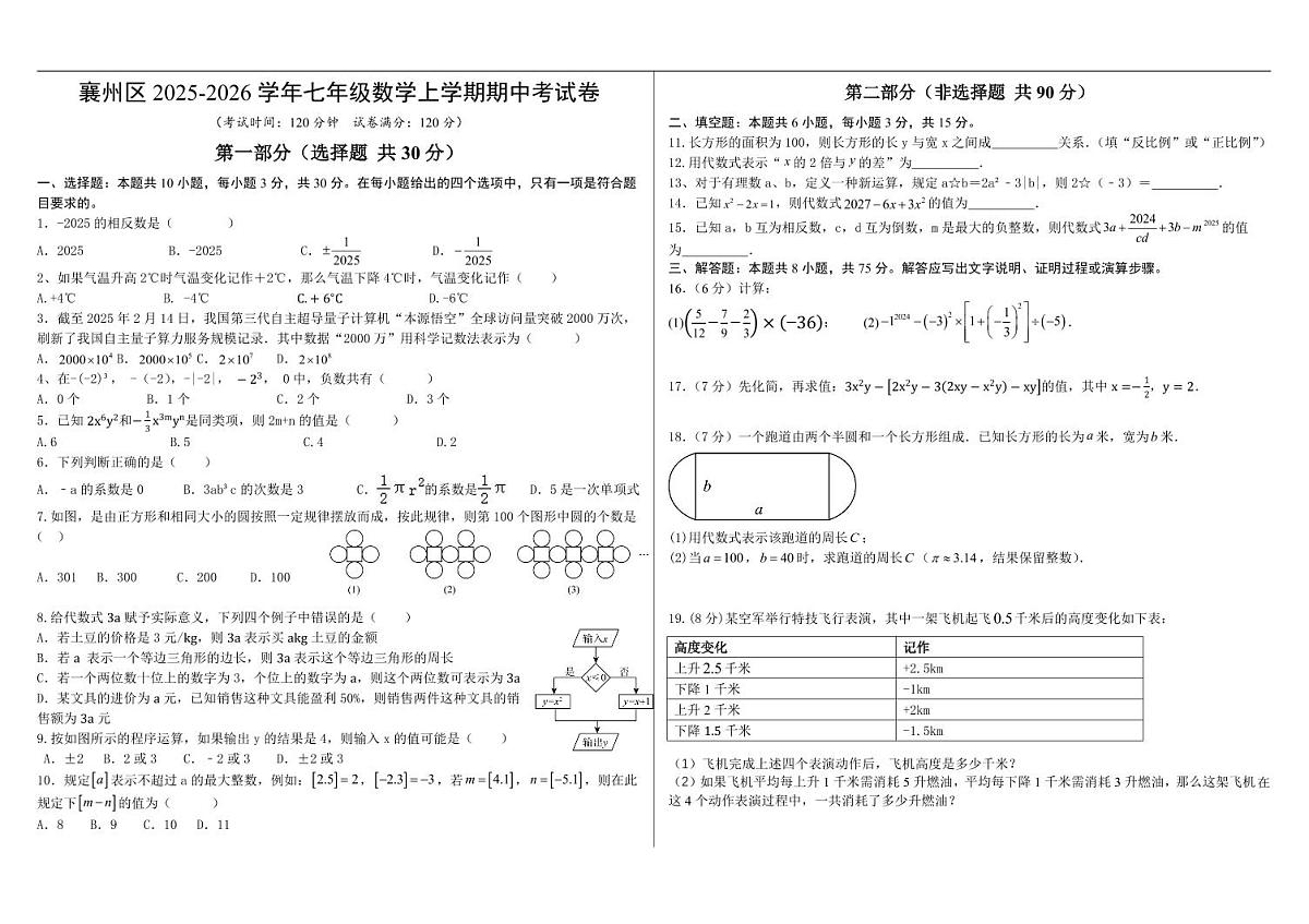湖北省襄阳市襄州区2025-2026学年七年级上学期11月期中 数学试题（PDF版）第1页