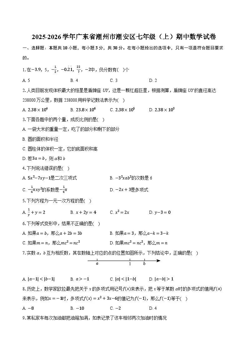 2025-2026学年广东省潮州市潮安区七年级（上）期中数学试卷第1页