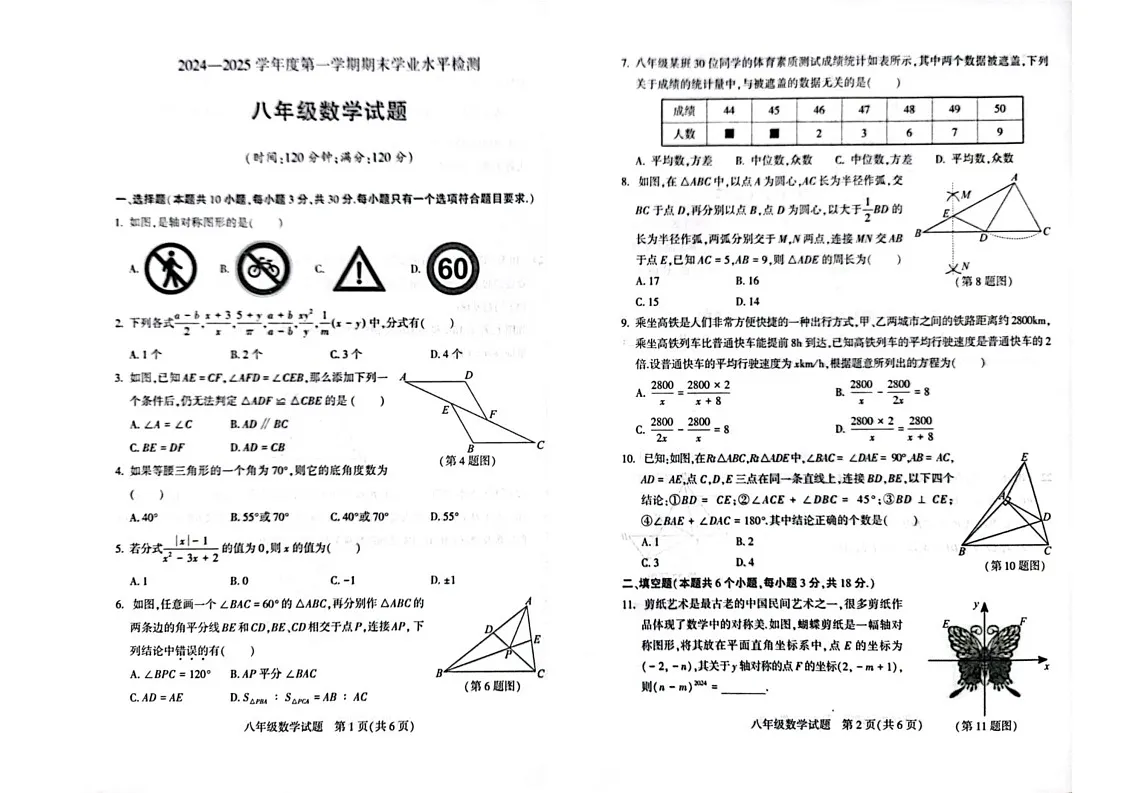 山东省聊城市莘县2024-2025学年八年级上学期期末考试数学试题第1页