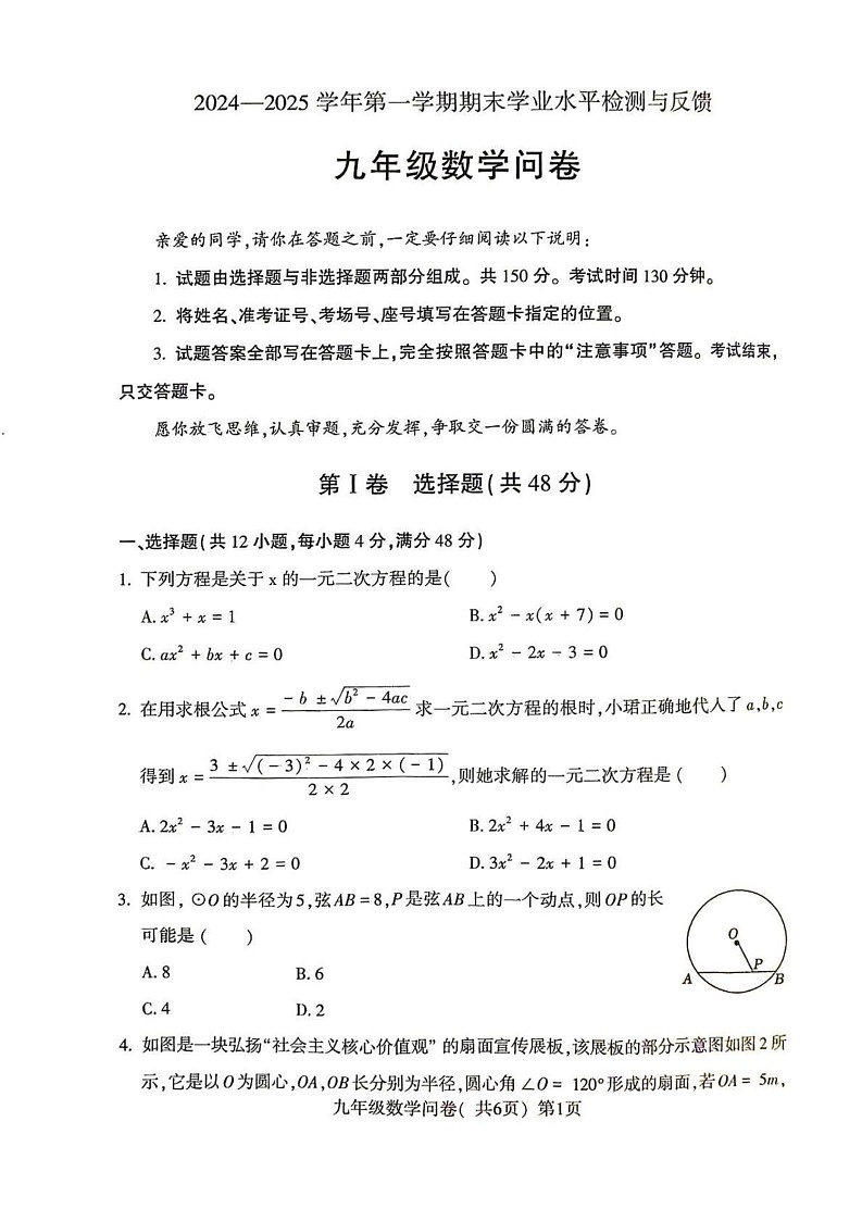 山东省聊城市阳谷县2024-2025学年上学期期末学业水平检测与反馈九年级数学试题第1页