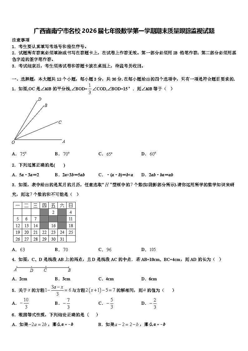 广西省南宁市名校2026届七年级数学第一学期期末质量跟踪监视试题含解析第1页