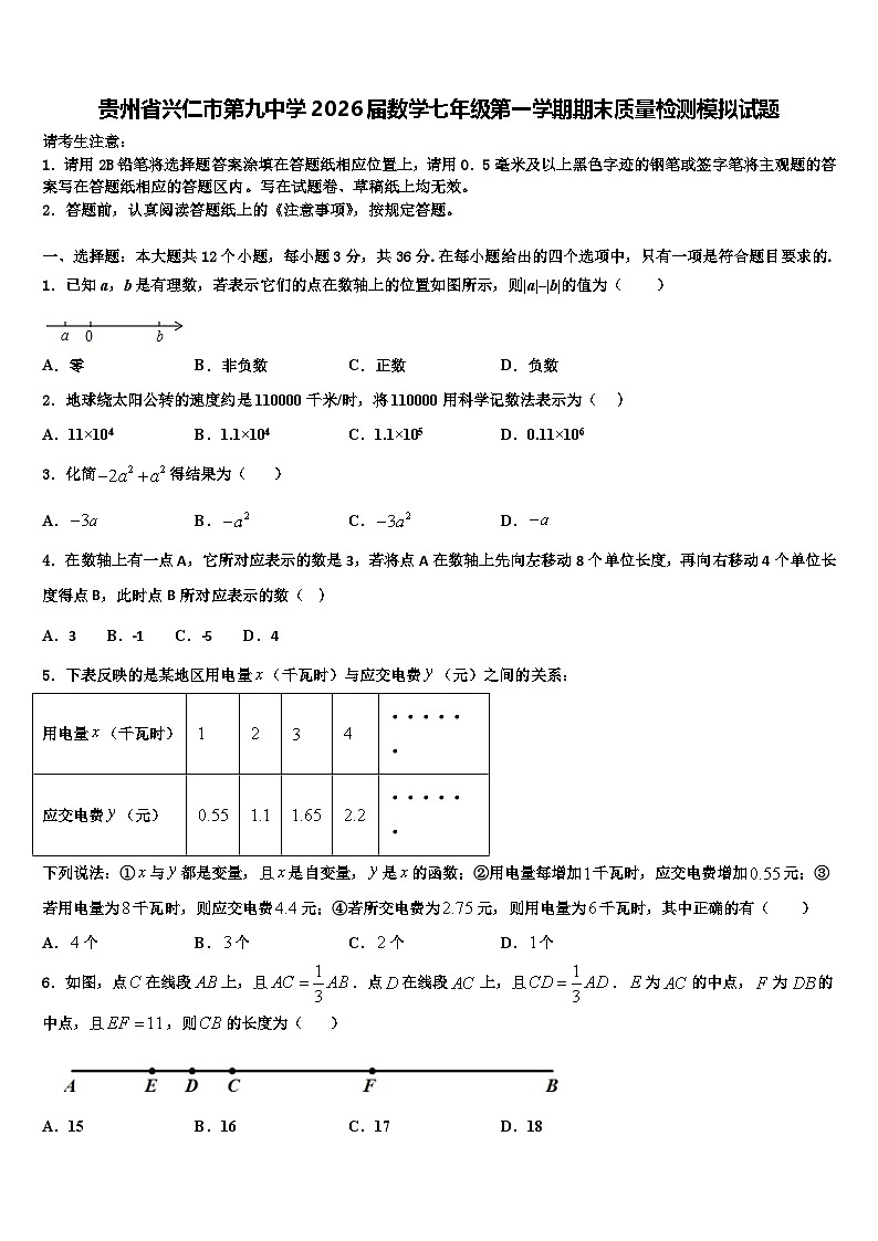 贵州省兴仁市第九中学2026届数学七年级第一学期期末质量检测模拟试题含解析第1页