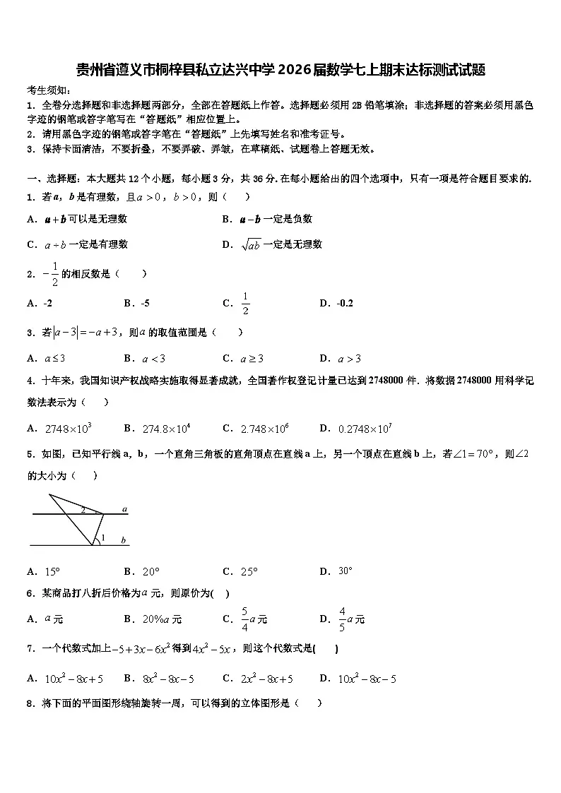 贵州省遵义市桐梓县私立达兴中学2026届数学七上期末达标测试试题含解析第1页