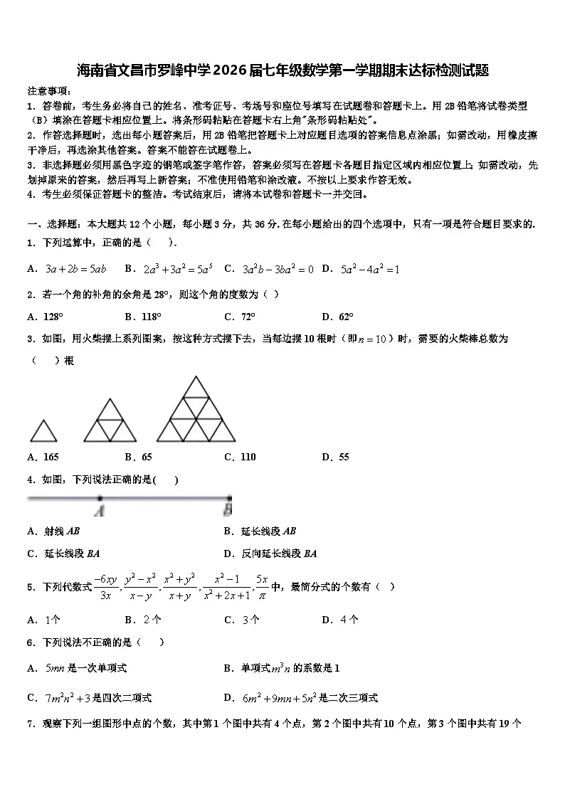 海南省文昌市罗峰中学2026届七年级数学第一学期期末达标检测试题含解析第1页
