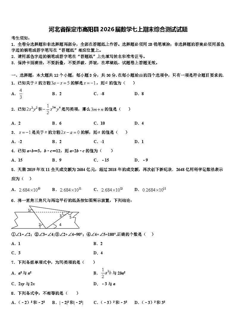 河北省保定市高阳县2026届数学七上期末综合测试试题含解析第1页