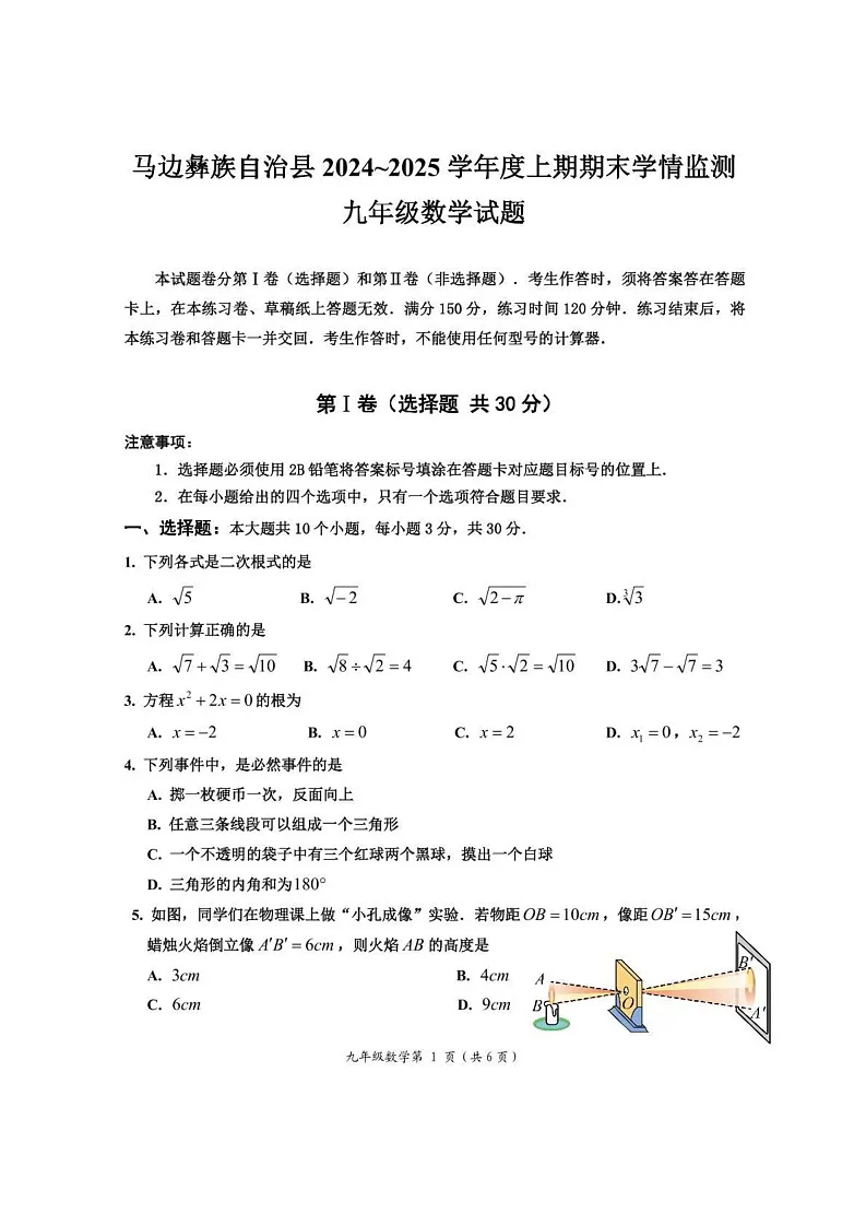四川省乐山市马边彝族自治县 2024~2025学年 上学期期末学情监测 九年级数学试题第1页