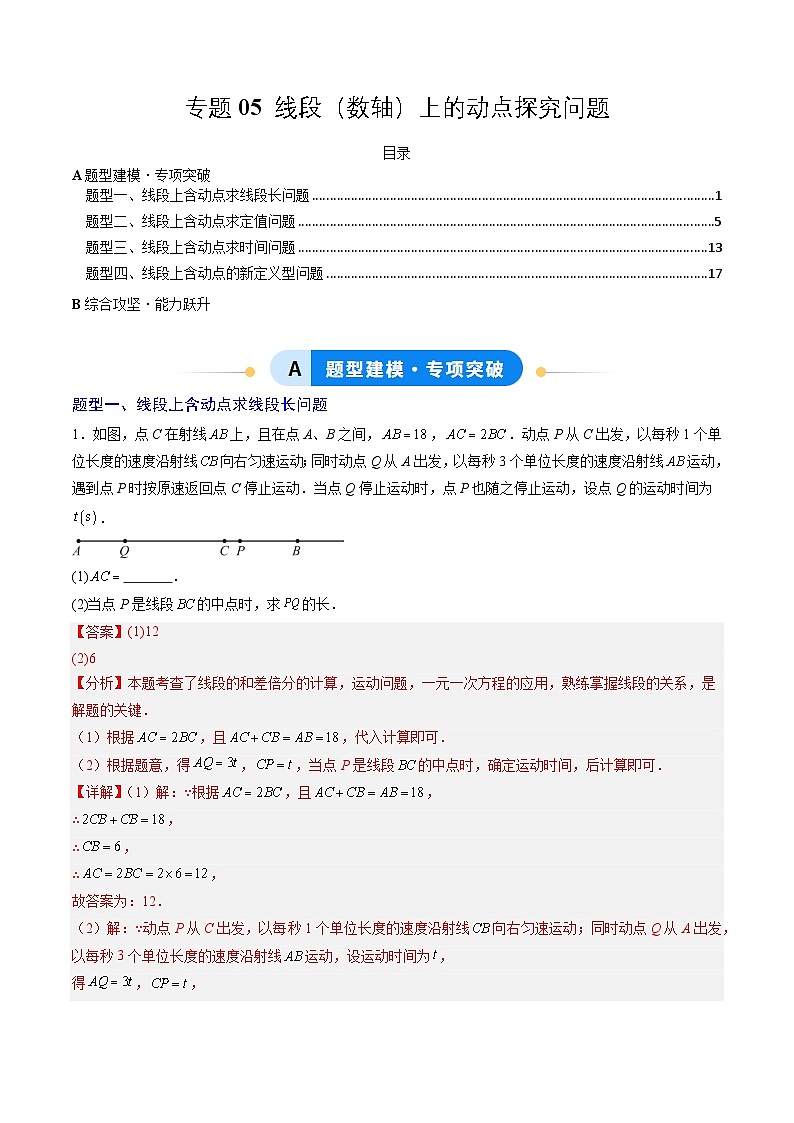 专题05 线段（数轴）上的动点探究问题（4大题型）（专项训练）（教师版）第1页