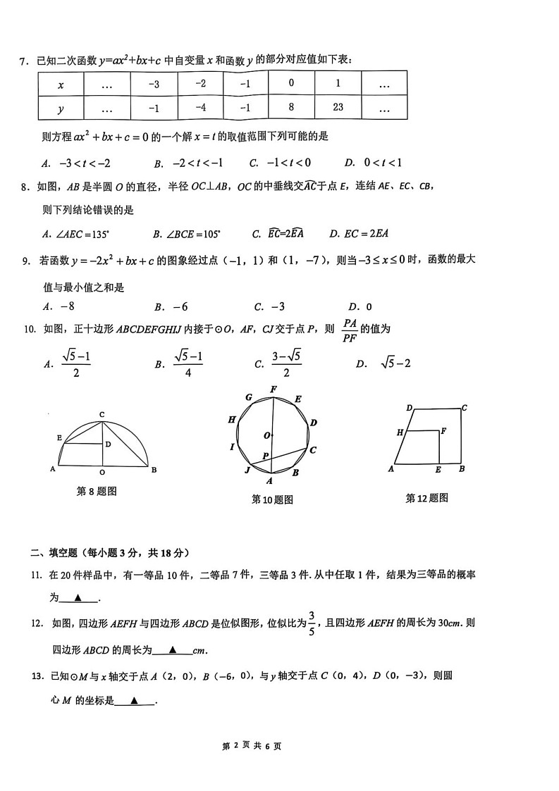 浙江省宁波市海曙区2024—-2025学年上学期九年级期末考试数学试卷第2页